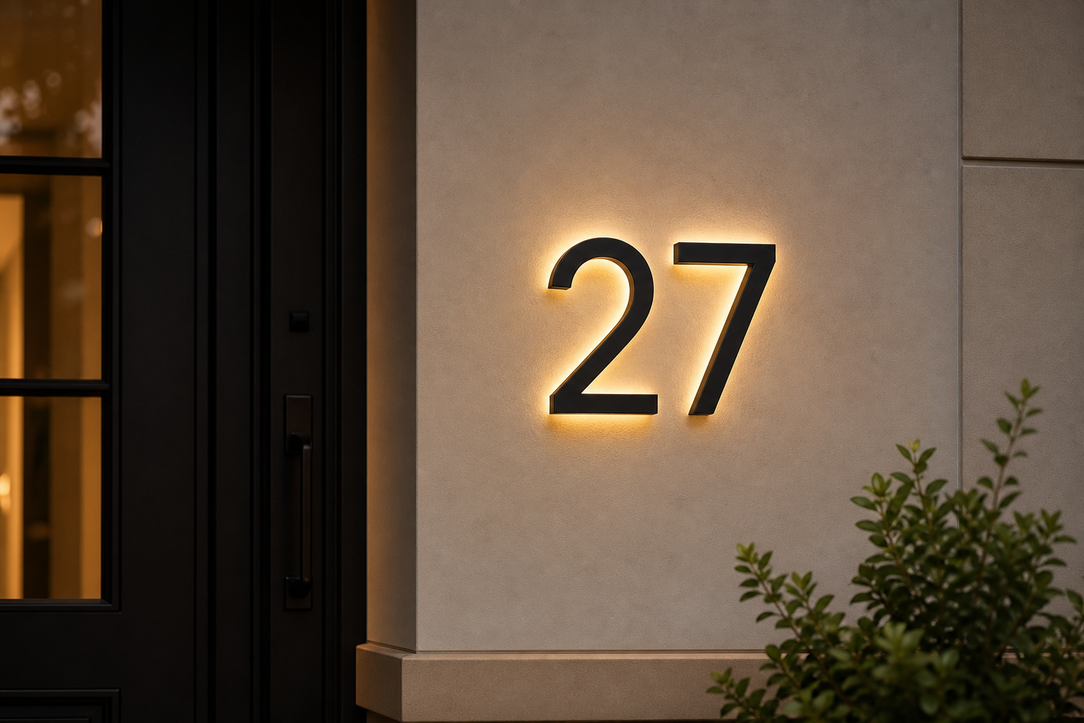 Verlicht huisnummer 27 met warme amber achtergrondgloed op een moderne gevel